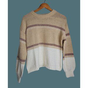 Love Ellie Metallic Stripe Pullover Beige/Cream Sweater Women Size M